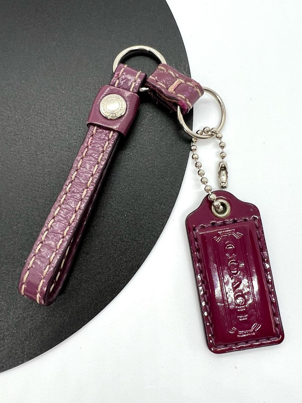 Coach Vintage Plum Patent Leather Hangtag Keychain Bag Charm Loop Key Fob Set